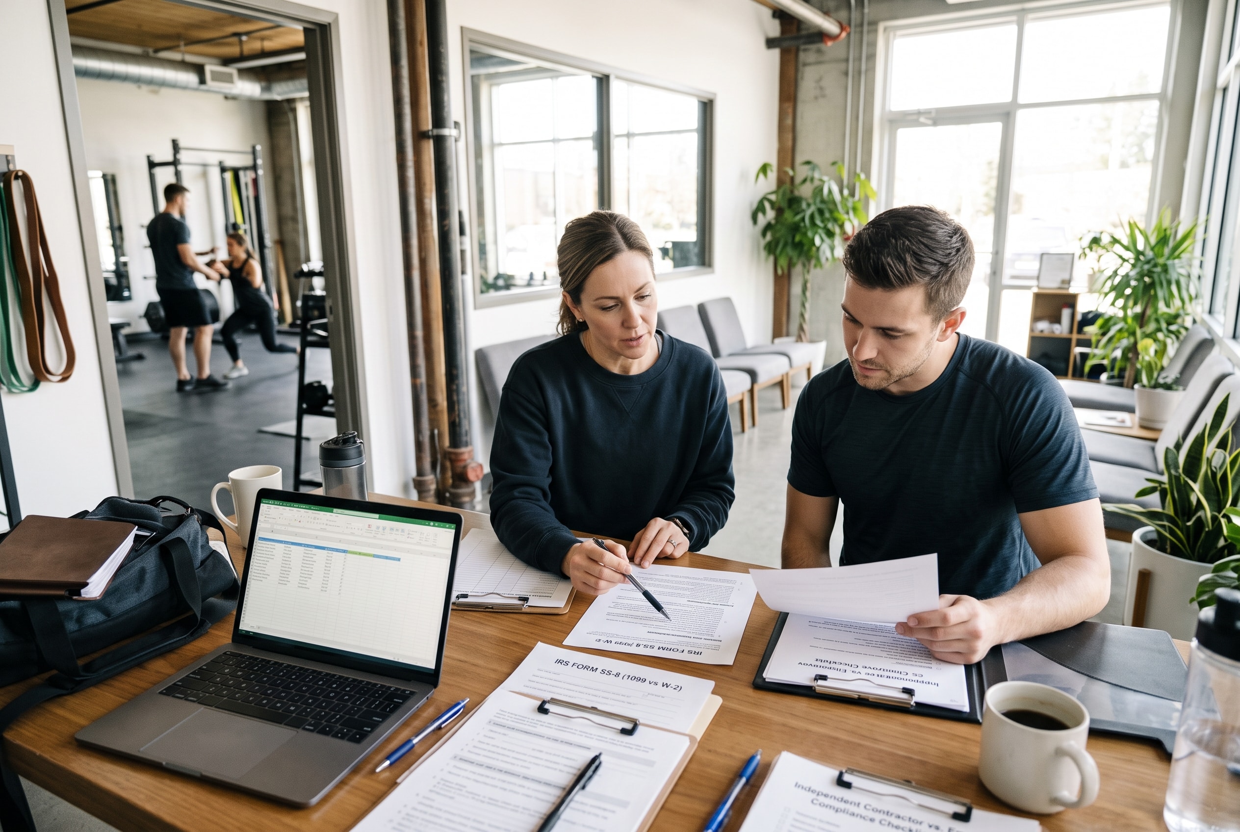 A candid, natural-light photograph inside the administrative area of a busy fitness studio, illustrating 1099 vs W2 for Gym Instructors: How to Classify Trainers and Coaches the Right Way and the criteria that define independent contractor vs. employee status. At a wood table, a female studio manager and a trainer seated together actively review compliance paperwork, including worker classification check-lists and IRS guidance forms. An open laptop, clipboards, pen, and a coffee mug clutter the workspace as the manager points to a checklist detail. In the background, visible through a doorway, is the active gym floor where a trainer is coaching a client, providing the real-world service context that triggers classification tests.