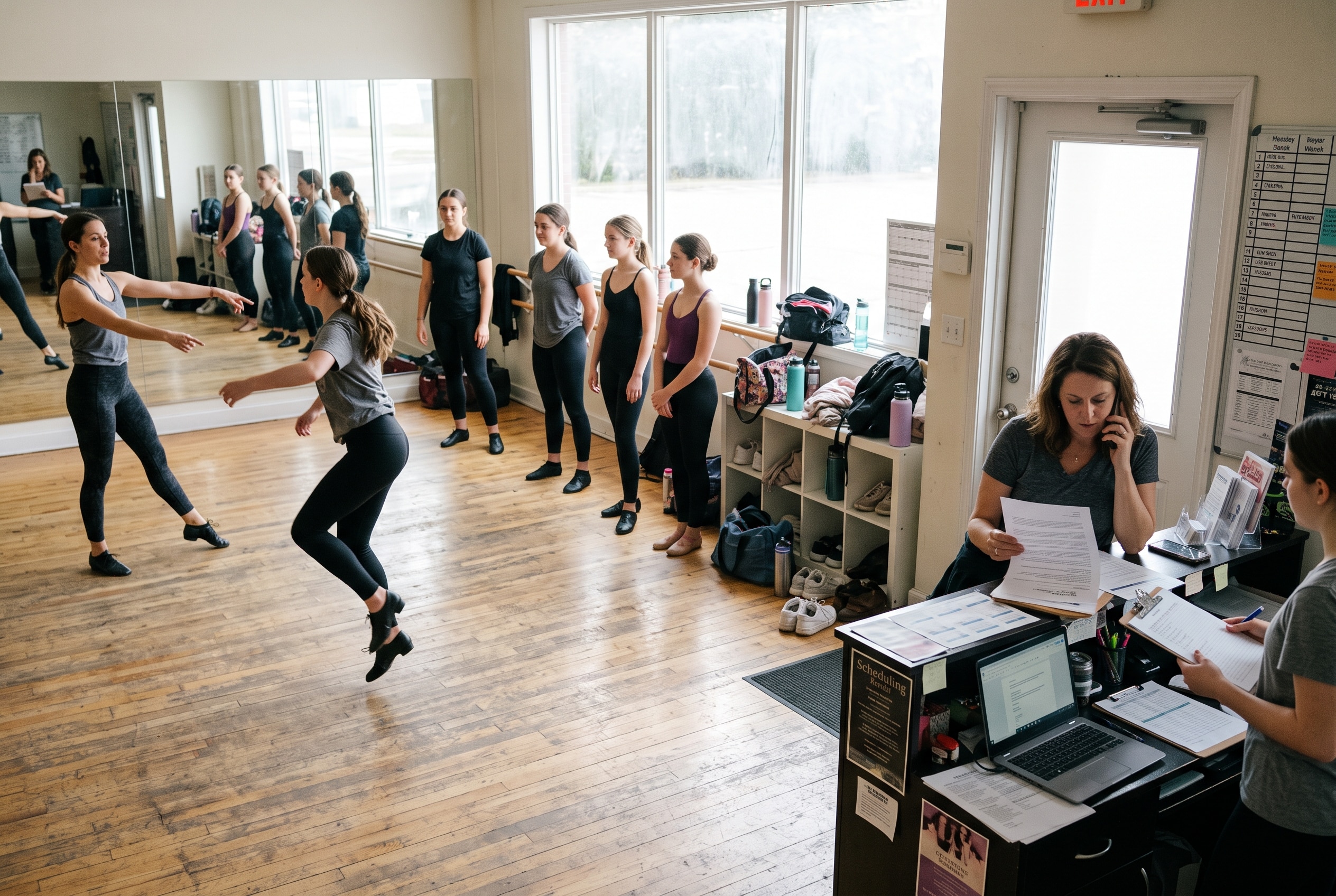 A candid, natural-light photograph of an active dance studio, illustrating dance studio insurance and the operational risks owners must cover. On the left, on a worn wooden floor, an instructor in athletic wear leads a class of teenagers and adults as they practice a routine near a mirrored wall, capturing the professional liability and student injury risks inherent in physical instruction. On the right, at a cluttered front counter, the studio owner or manager reviews policy paperwork while on the phone, while a staff member holds a clipboard. Bags, shoes, and water bottles are scattered near cubbies, highlighting the everyday general liability risks like slips, trips, and property hazards. Through large windows, natural daylight fills the space, capturing the bustling, high-traffic environment where gym and dance studio liability insurance is necessary to protect business owners.