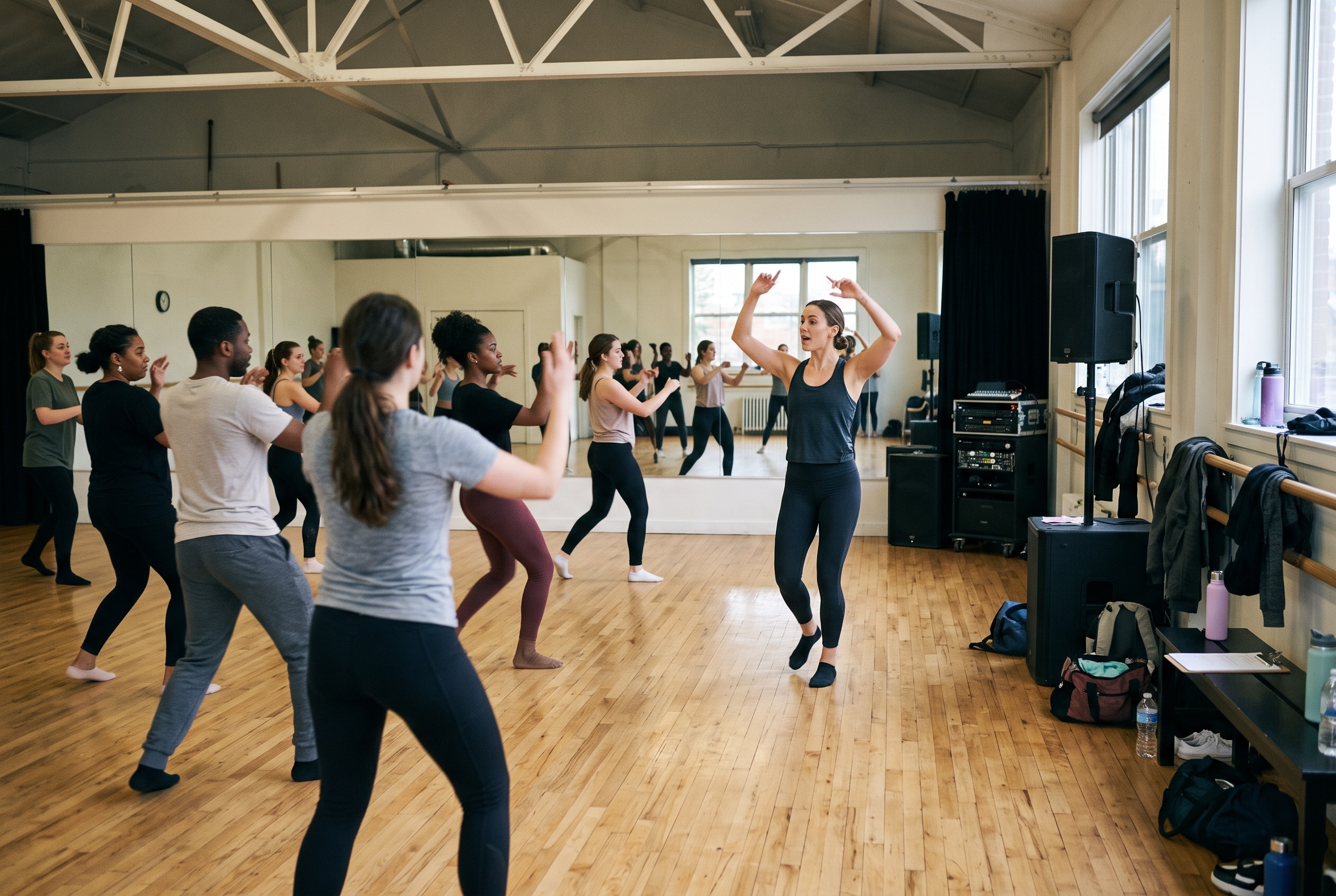 A candid, natural-light photograph inside an active dance studio, illustrating Dance Teacher Insurance: A Guide for Independent Instructors and the daily operational risks of teaching movement-based arts. In the center-right, an independent dance teacher wearing athletic dark top and leggings actively demonstrates a precise pose with raised arms and engaged posture for her class, looking directly toward the students to coach their technique. On the left and midground, a diverse group of adult and young adult students, seen primarily from the back and three-quarter angles, follow along on the natural wood studio floor.