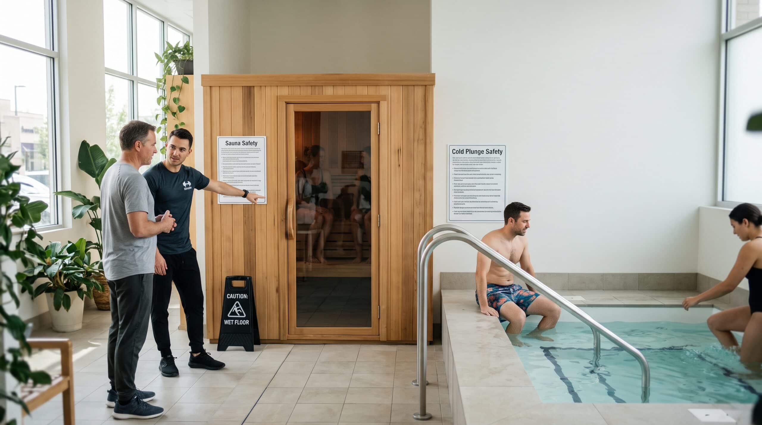 A gym staff member points out posted guidelines near a cedar sauna and contrast ice bath, highlighting sauna safety and cold plunge safety: rules for gyms and wellness centers.