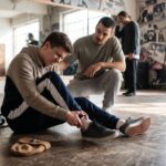 A young breakdancer sits on the floor of a dance studio in visible pain, clutching his ankle, while another dancer kneels down beside him, placing a hand on his shoulder to offer support and check on the injury.