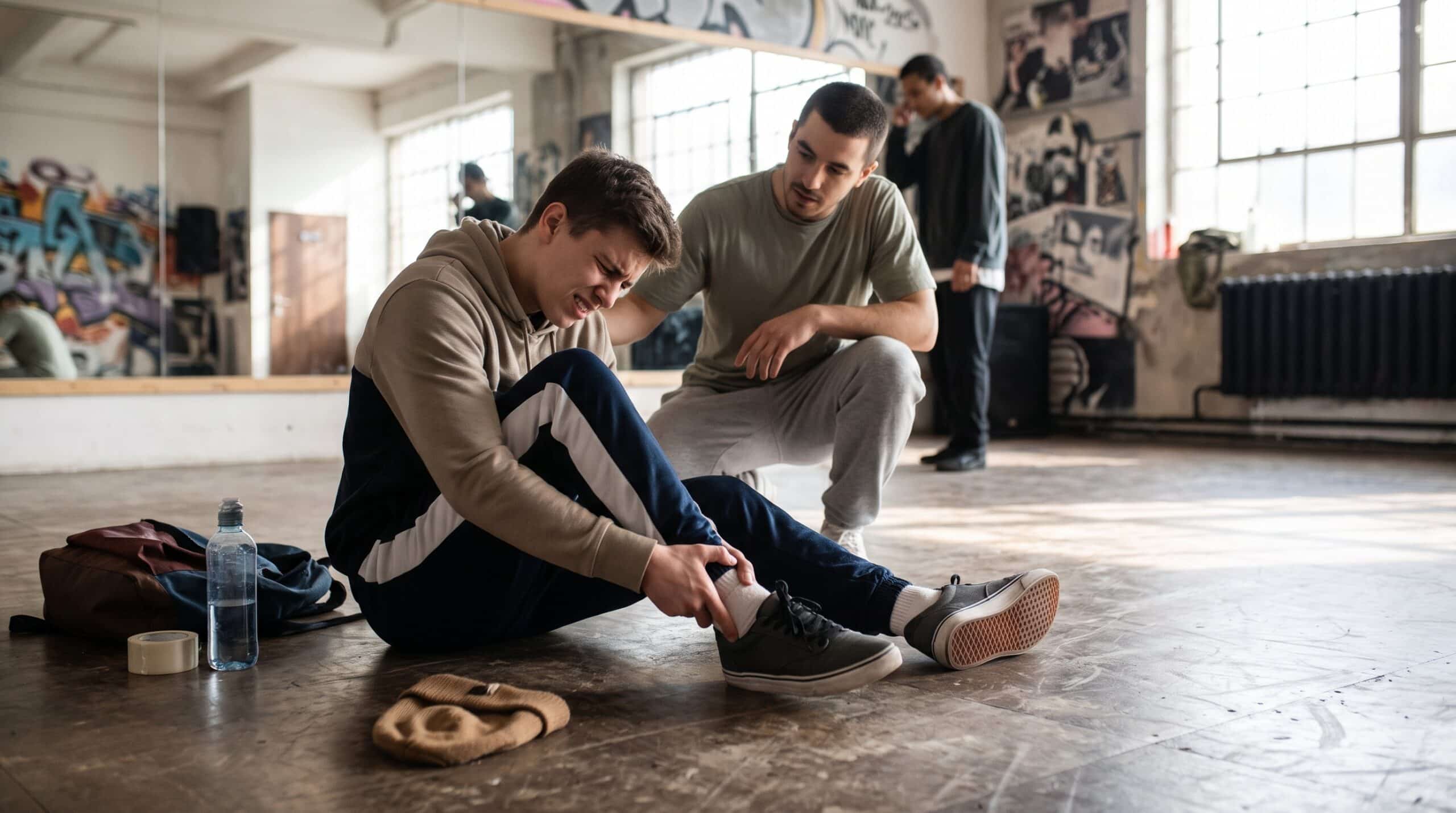 A young breakdancer sits on the floor of a dance studio in visible pain, clutching his ankle, while another dancer kneels down beside him, placing a hand on his shoulder to offer support and check on the injury.