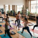 A busy, sunlit yoga studio insurance where an instructor actively guides a group of students practicing warrior poses on colorful mats, capturing a safe, well-equipped, and professional class environment.